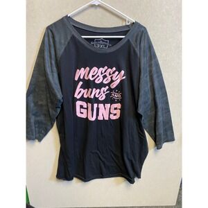 Shield Republic Messy Buns and Guns Raglan Tee Black Grey Camo 3XL Womens